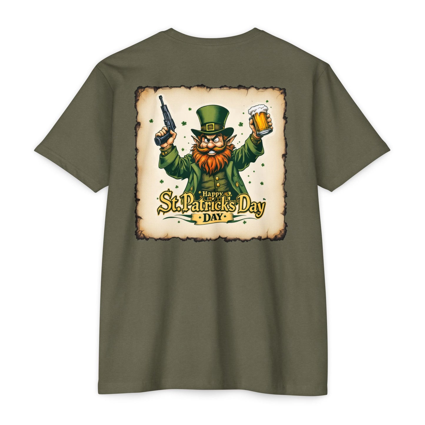 St. Patrick's Day Unisex T-shirt - Range 214 Design with Festive Leprechaun and Four-Leaf Clover