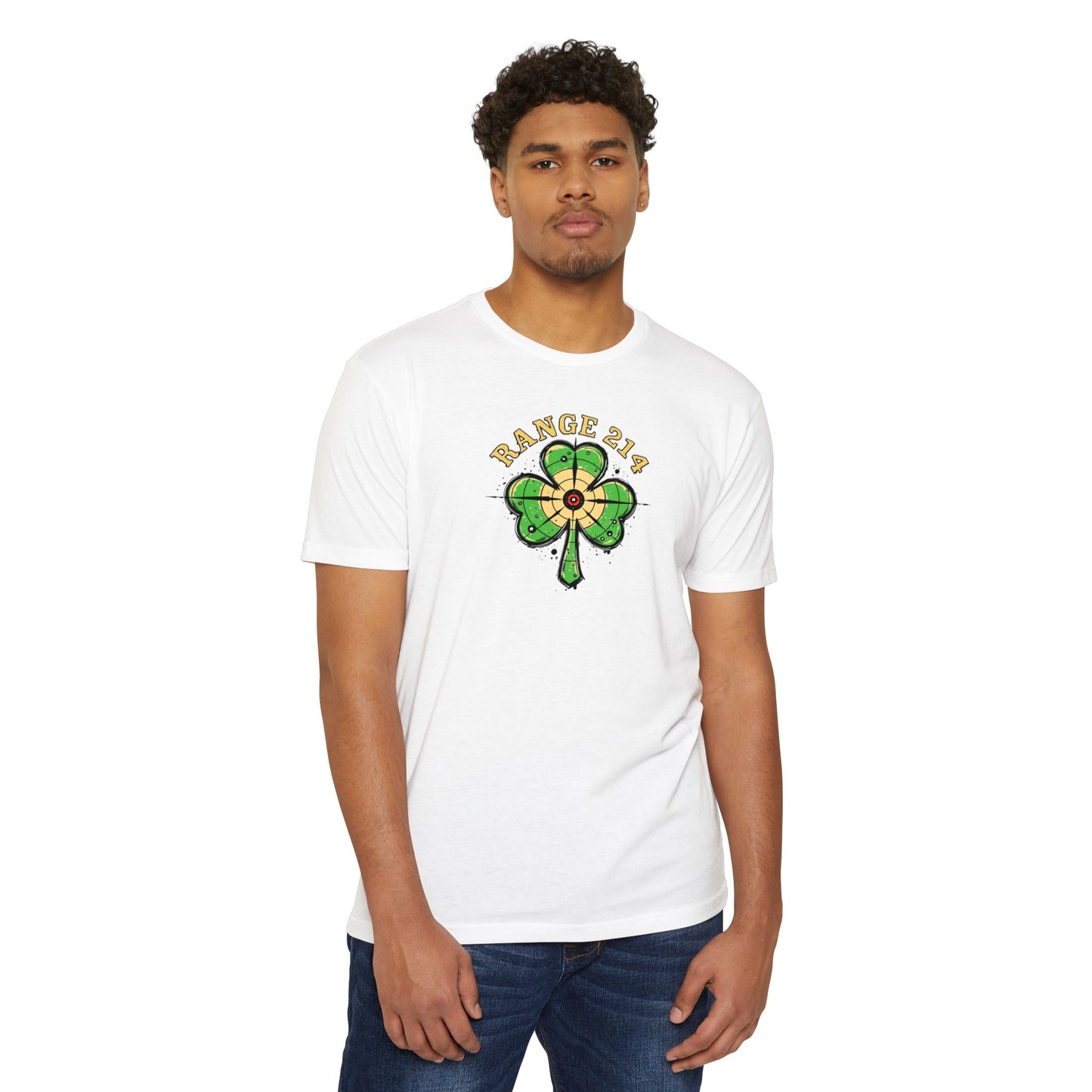 St. Patrick's Day Unisex T-shirt - Range 214 Design with Festive Leprechaun and Four-Leaf Clover