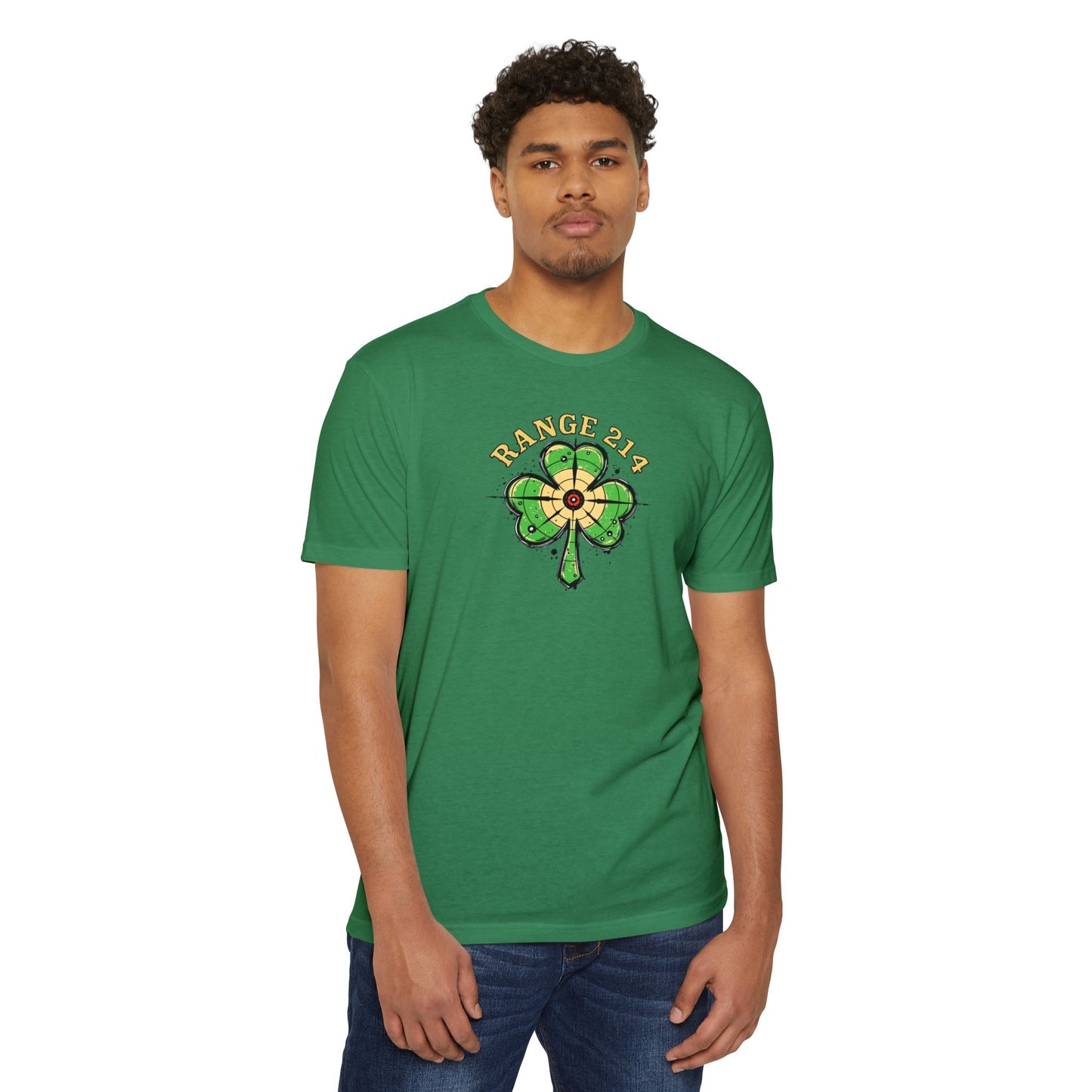 St. Patrick's Day Unisex T-shirt - Range 214 Design with Festive Leprechaun and Four-Leaf Clover