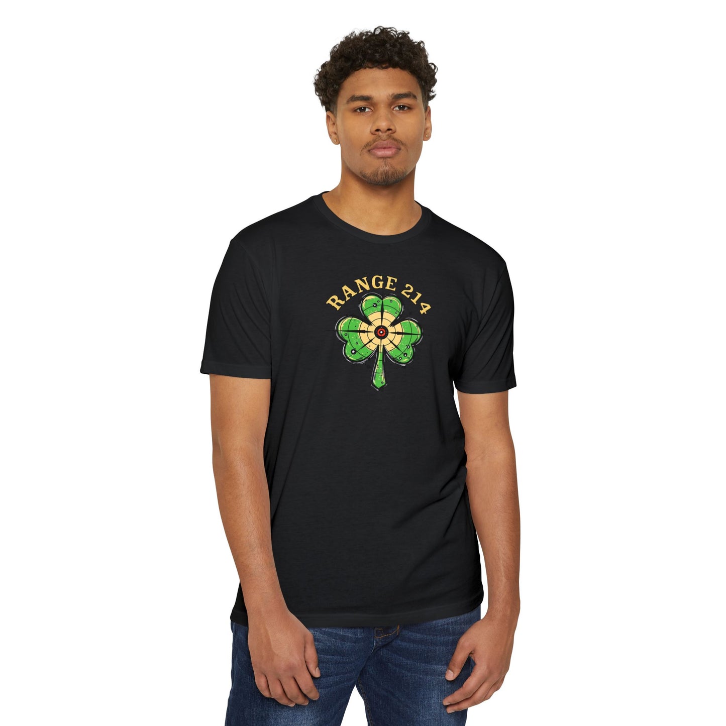 St. Patrick's Day Unisex T-shirt - Range 214 Design with Festive Leprechaun and Four-Leaf Clover