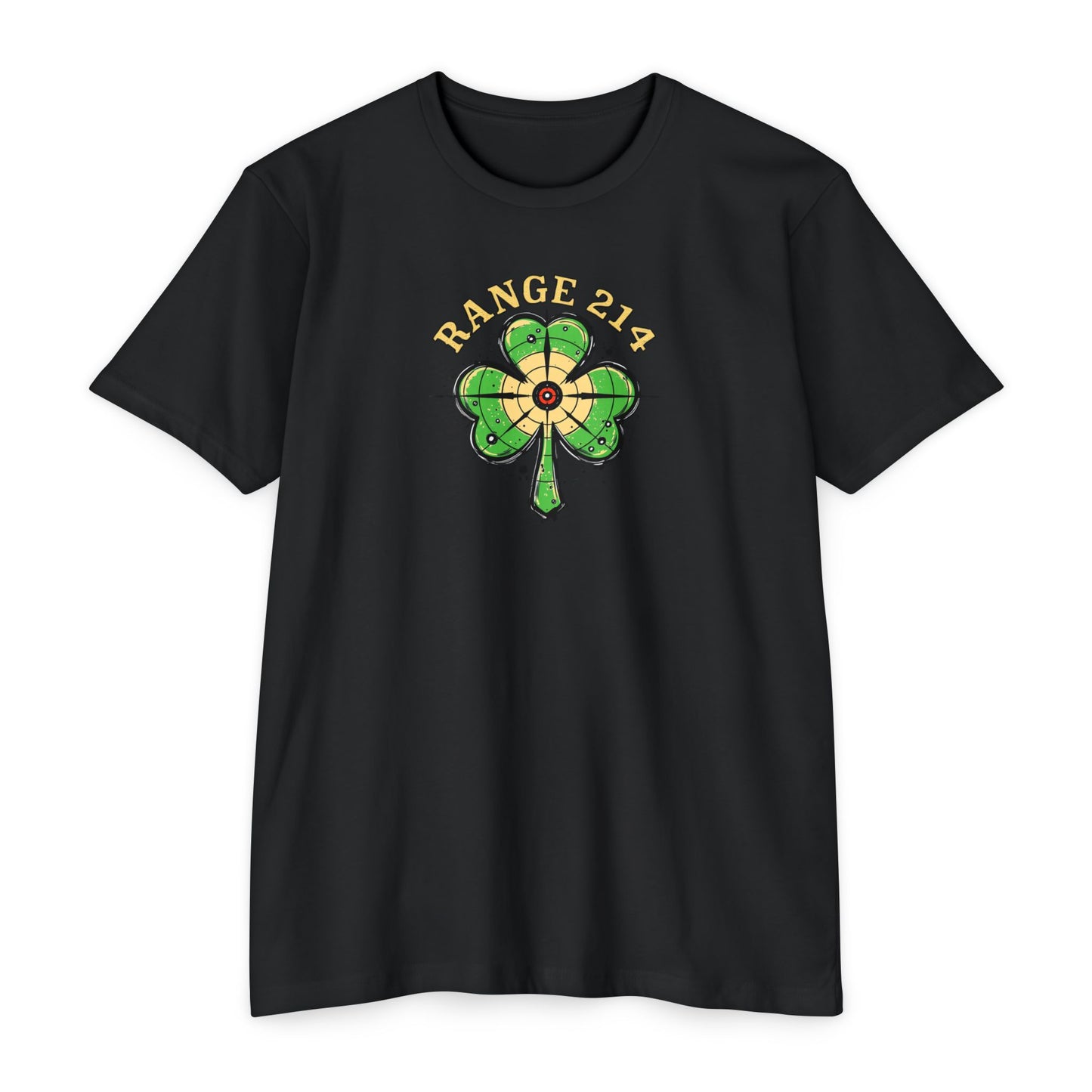 St. Patrick's Day Unisex T-shirt - Range 214 Design with Festive Leprechaun and Four-Leaf Clover