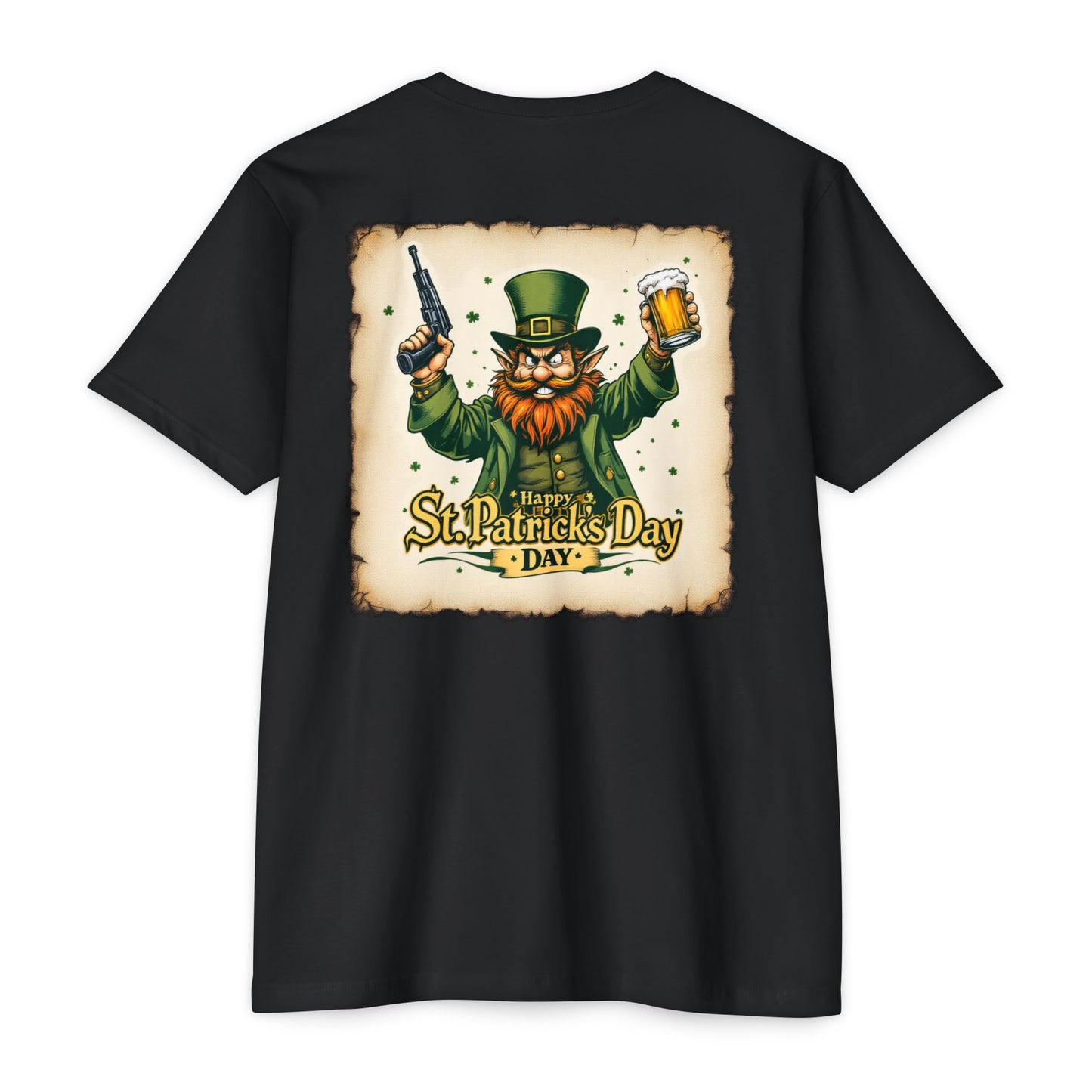 St. Patrick's Day Unisex T-shirt - Range 214 Design with Festive Leprechaun and Four-Leaf Clover