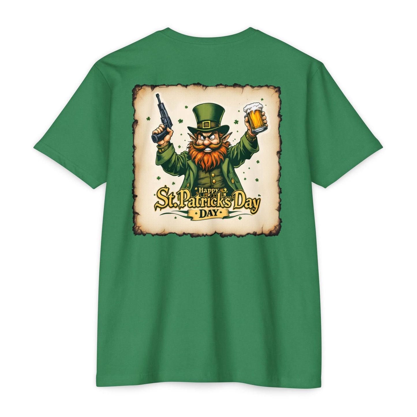 St. Patrick's Day Unisex T-shirt - Range 214 Design with Festive Leprechaun and Four-Leaf Clover