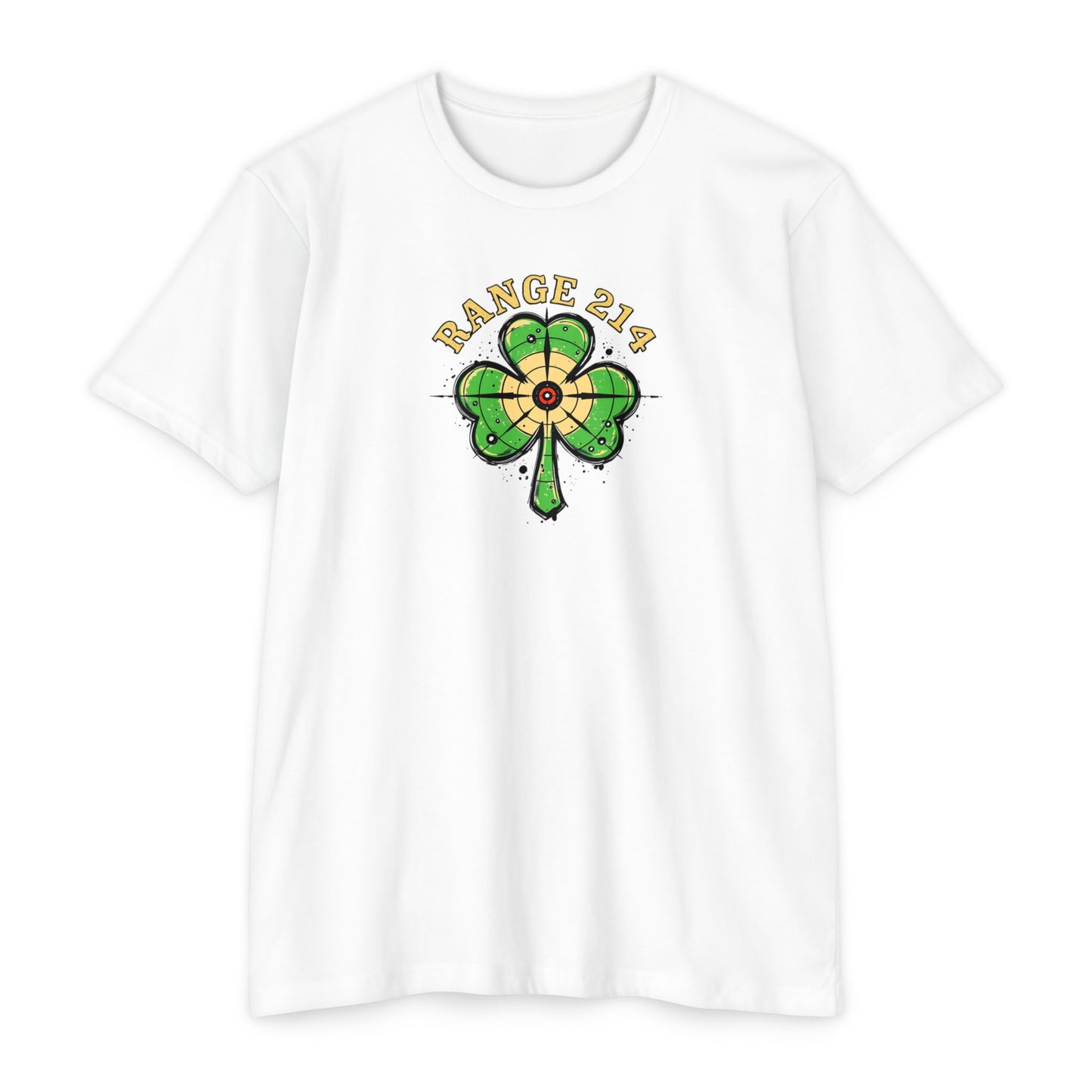 St. Patrick's Day Unisex T-shirt - Range 214 Design with Festive Leprechaun and Four-Leaf Clover