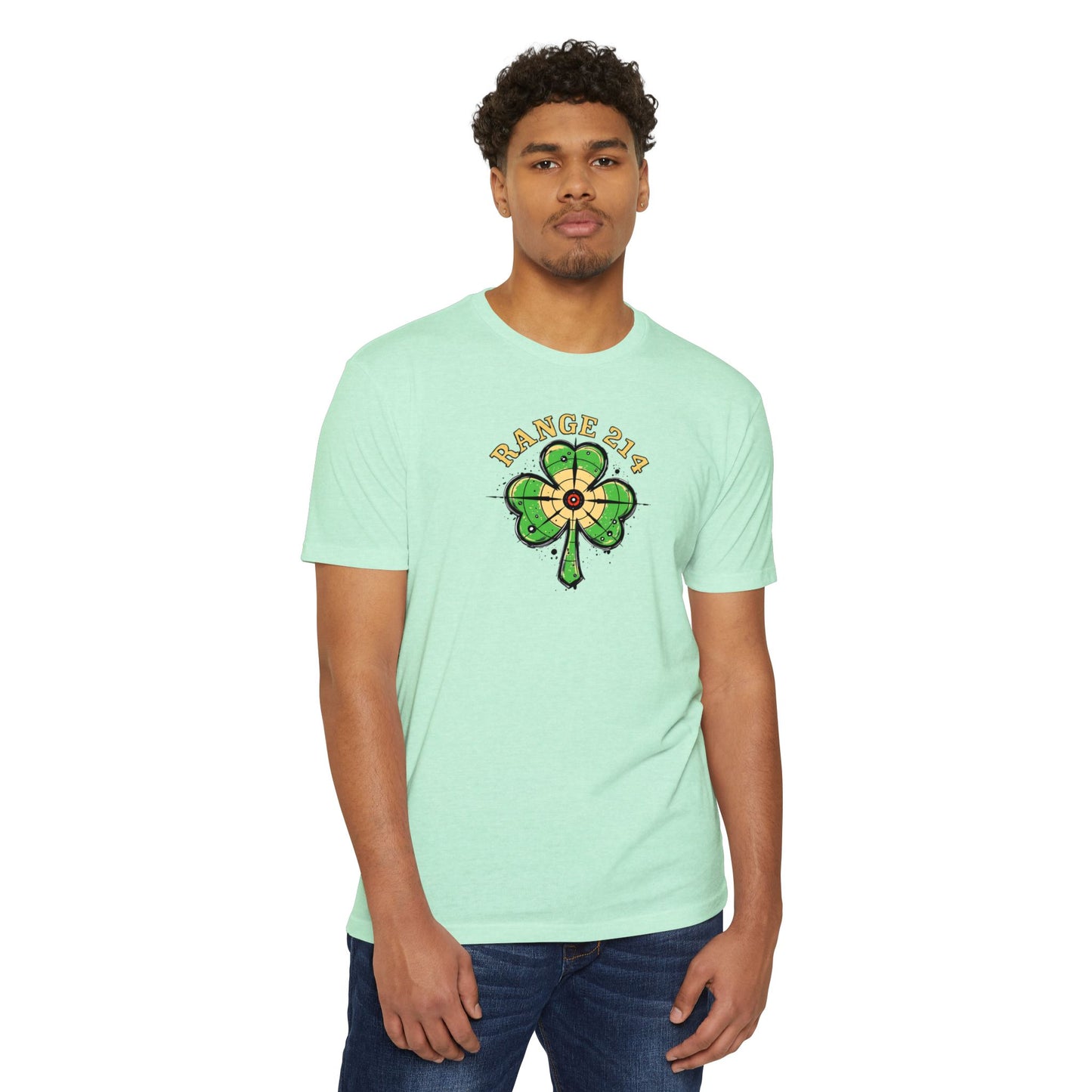 St. Patrick's Day Unisex T-shirt - Range 214 Design with Festive Leprechaun and Four-Leaf Clover