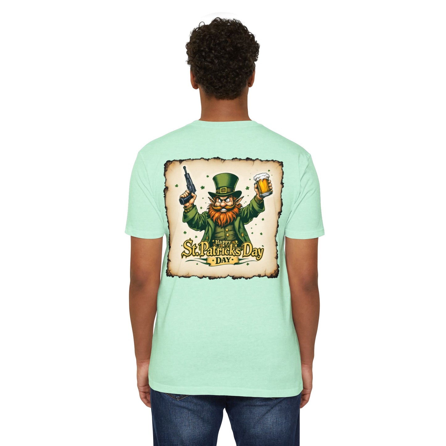 St. Patrick's Day Unisex T-shirt - Range 214 Design with Festive Leprechaun and Four-Leaf Clover