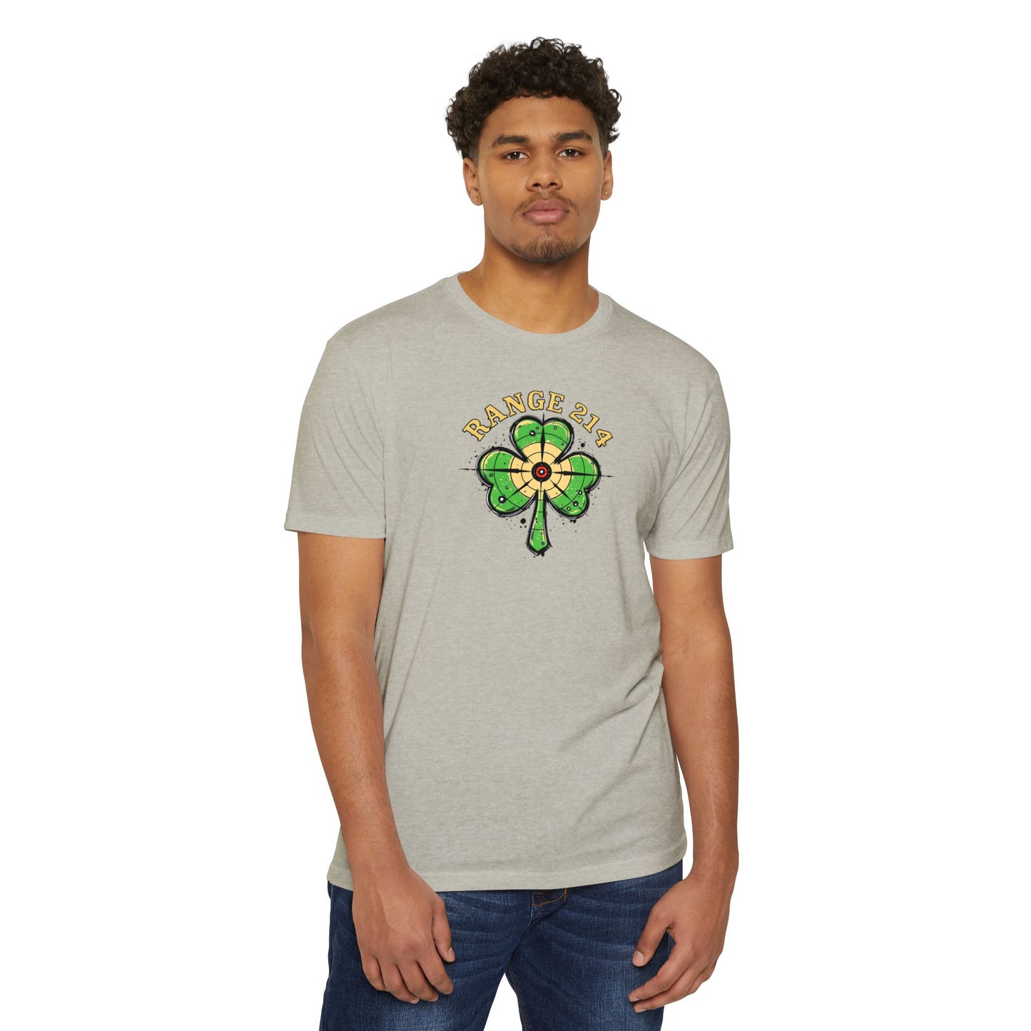 St. Patrick's Day Unisex T-shirt - Range 214 Design with Festive Leprechaun and Four-Leaf Clover