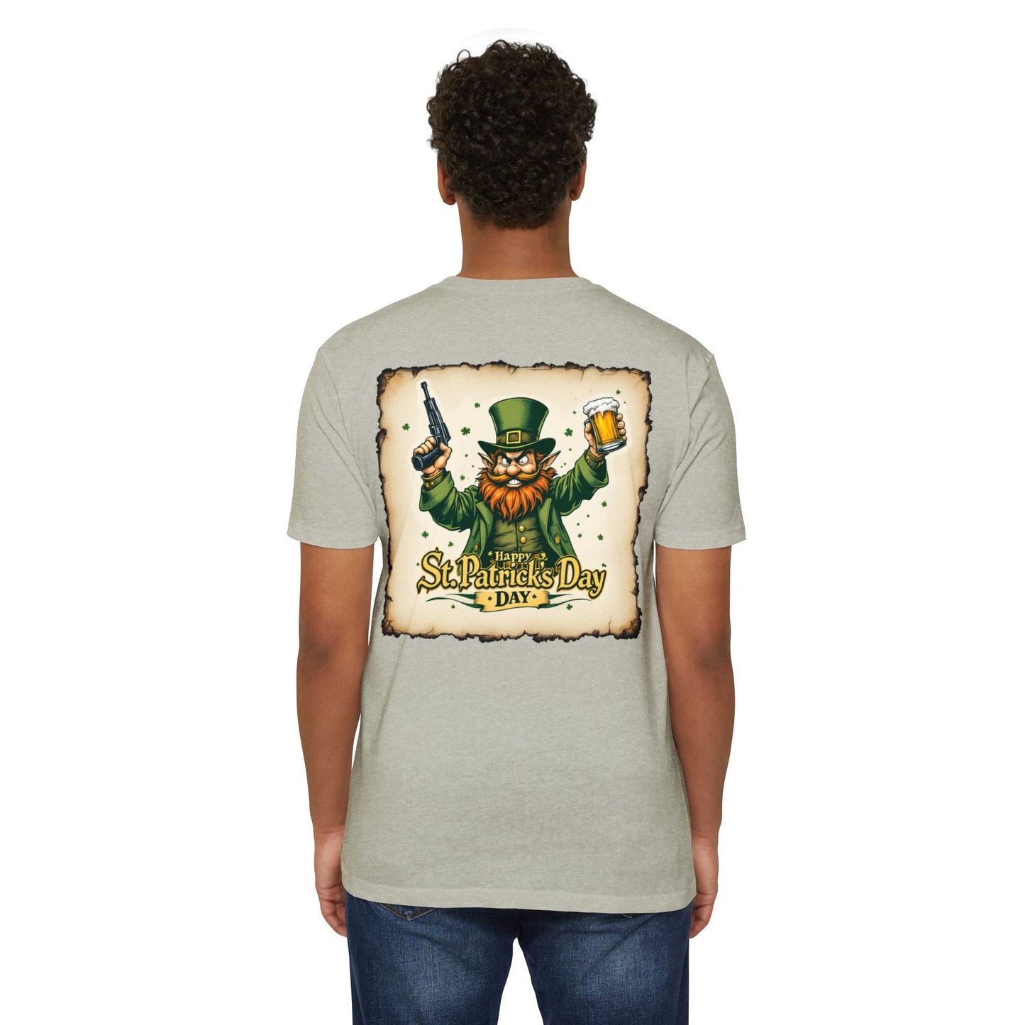 St. Patrick's Day Unisex T-shirt - Range 214 Design with Festive Leprechaun and Four-Leaf Clover