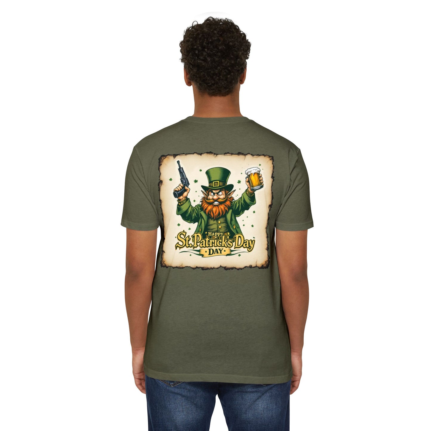 St. Patrick's Day Unisex T-shirt - Range 214 Design with Festive Leprechaun and Four-Leaf Clover