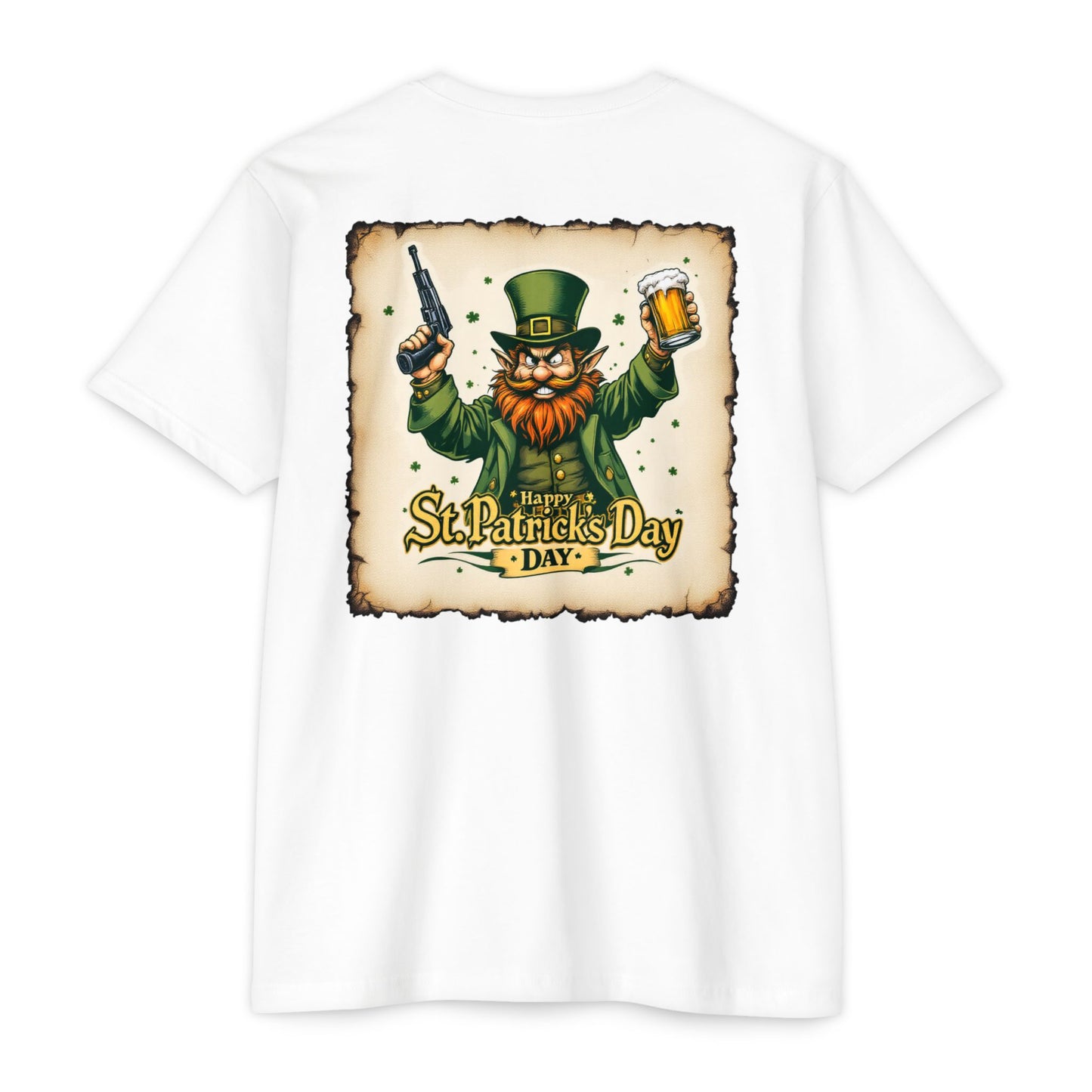 St. Patrick's Day Unisex T-shirt - Range 214 Design with Festive Leprechaun and Four-Leaf Clover