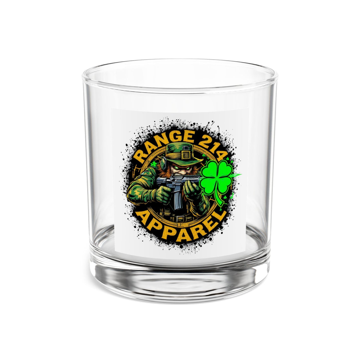 Range 214 Apparel 10oz Rocks Glass - Military Style Whiskey Tumbler with Lucky Clover Design