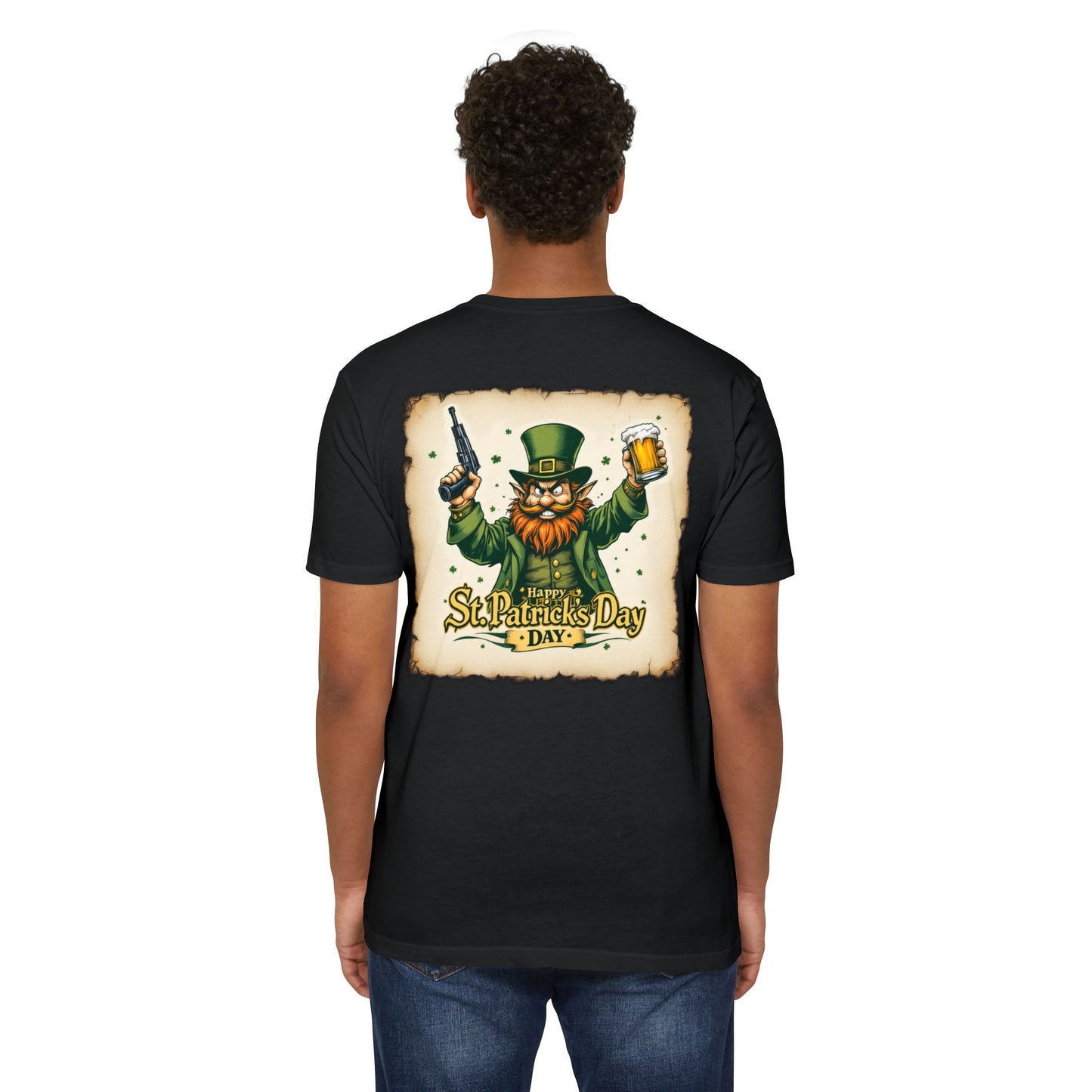 St. Patrick's Day Unisex T-shirt - Range 214 Design with Festive Leprechaun and Four-Leaf Clover