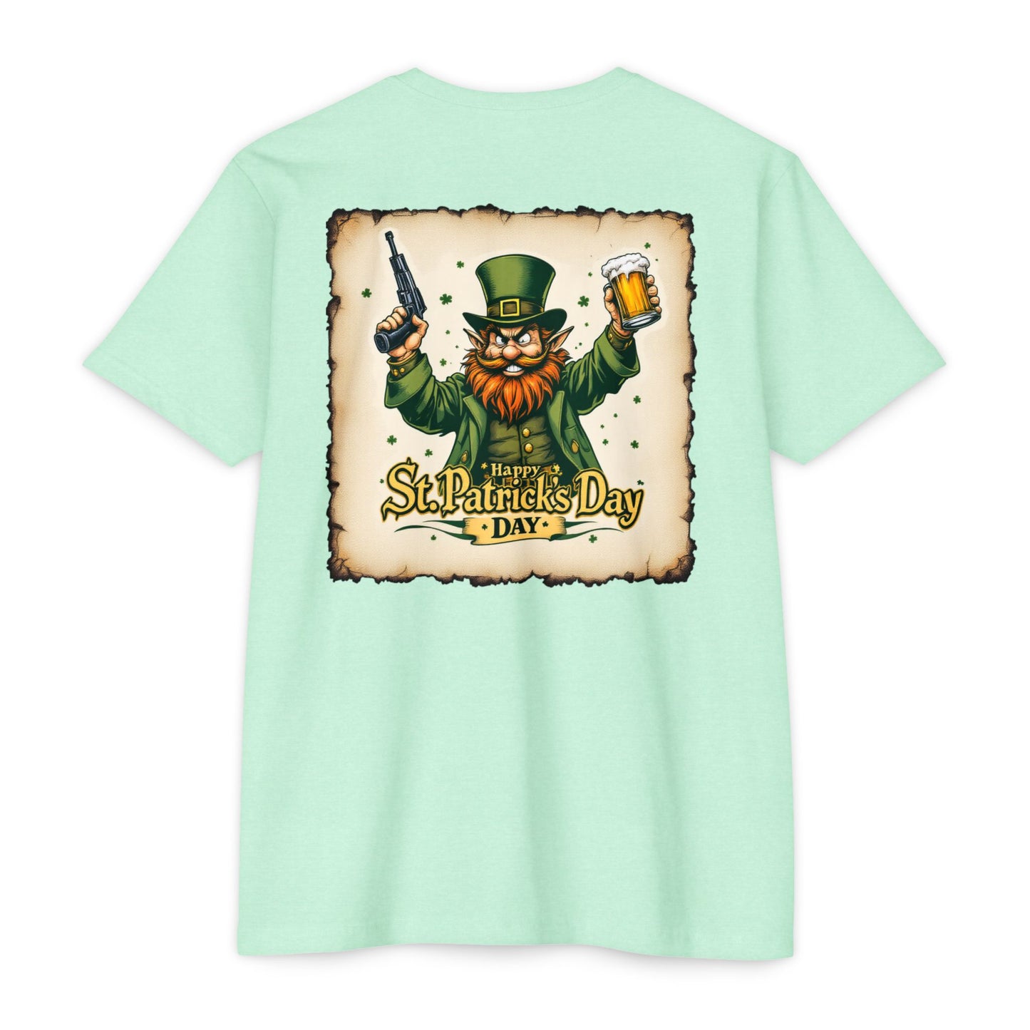 St. Patrick's Day Unisex T-shirt - Range 214 Design with Festive Leprechaun and Four-Leaf Clover