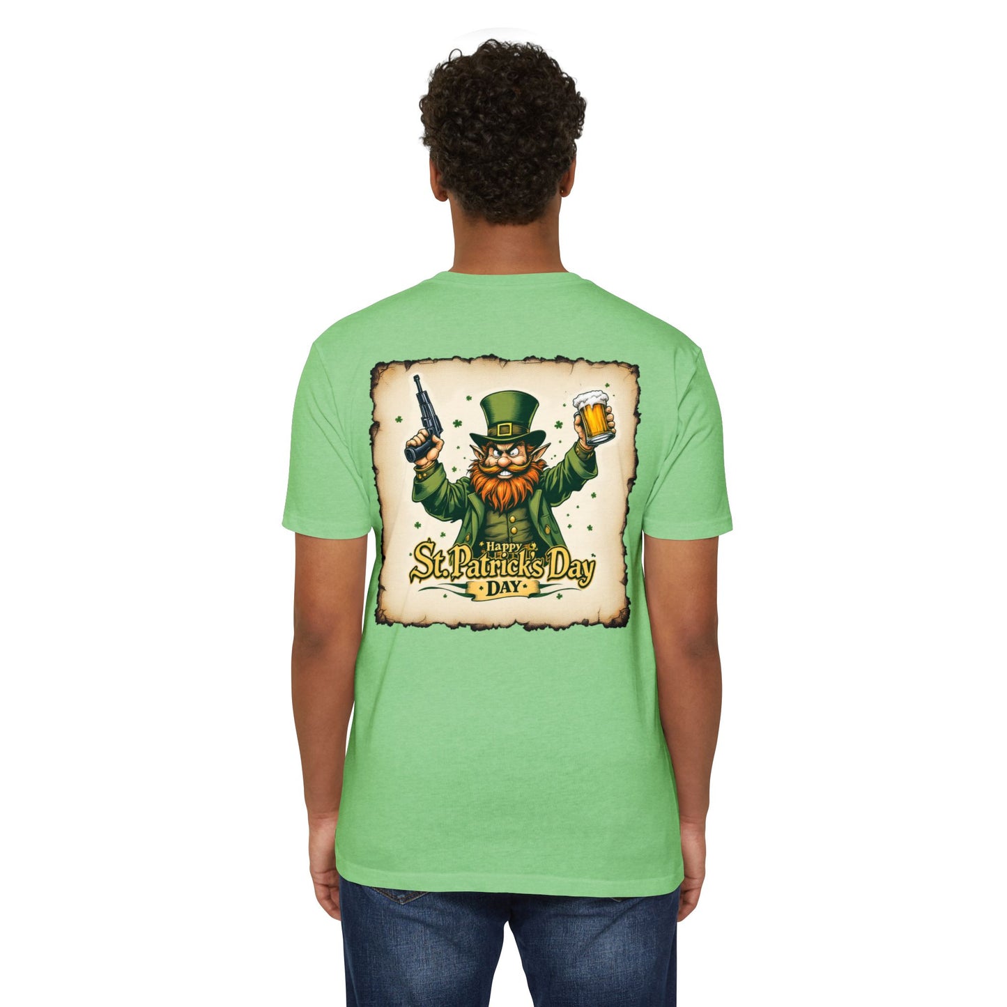 St. Patrick's Day Unisex T-shirt - Range 214 Design with Festive Leprechaun and Four-Leaf Clover