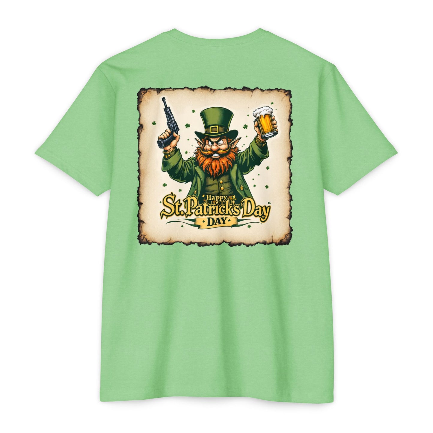 St. Patrick's Day Unisex T-shirt - Range 214 Design with Festive Leprechaun and Four-Leaf Clover